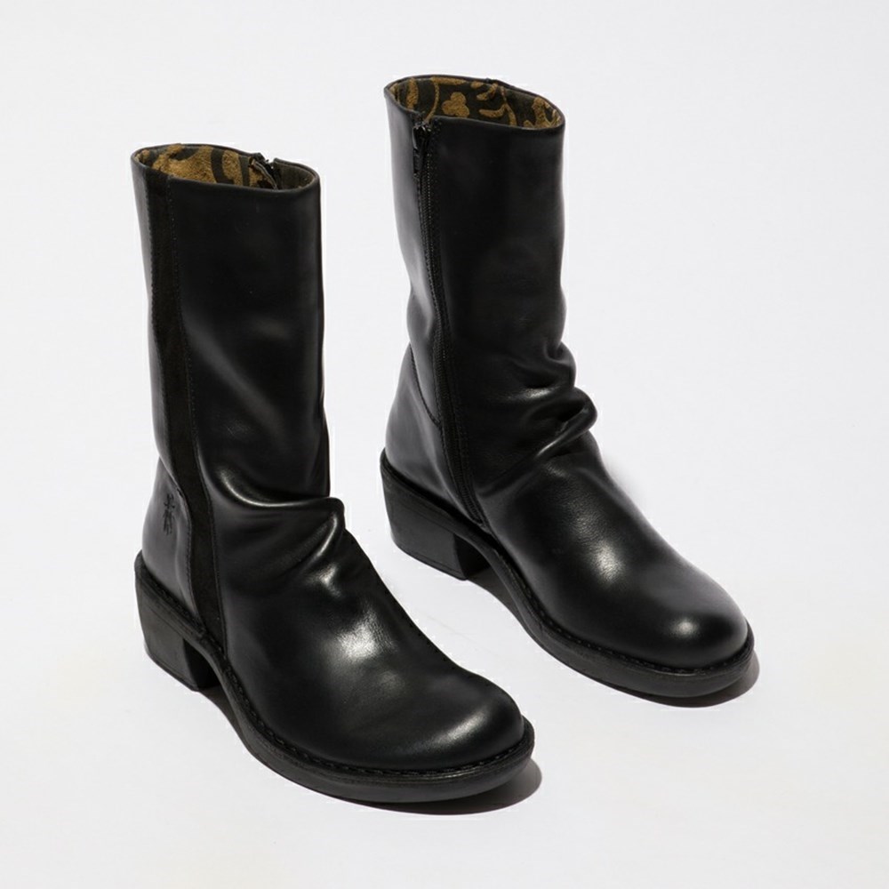 Black / Black Women's Fly London Mecy092fly Mid Calf Boots | CNPM-34690