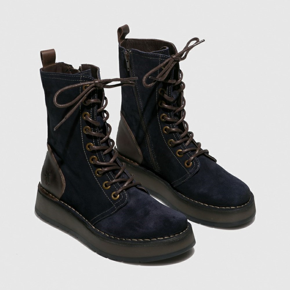 Navy / Brown Women's Fly London Rami043fly Wedge | FRWA-04532